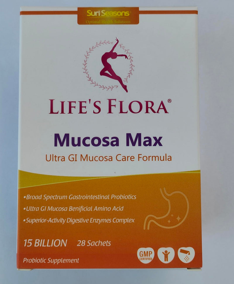 Life's Flora Mucosa Max Probiotic Supplement 15 Billion CFU 25 Strains with L-Glutamine Postbiotics Digestive Enzymes for Gastric & Gut Health Support 28 Sachets