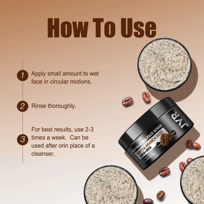 JVR Face Scrub for Men, Facial Scrub for Deep Exfoliating, Cleansing, Removing Blackheads, Ingrown Hair, Pre-shave Soften, Organic Formulated with Coffee Extract, AHA and BHA Face Exfoliator (4.23 oz) 4.23 Fl Oz (Pack of 1)