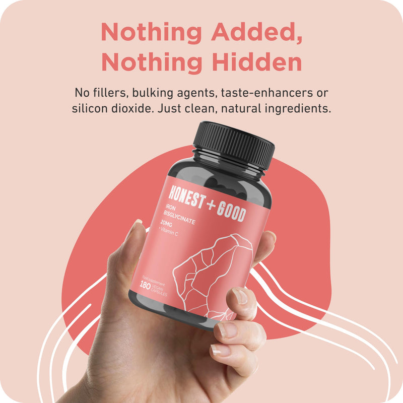 Honest + Good Iron Bisglycinate 20mg + Vitamin C 100mg | 180 (6 Months) Vegan Capsules | Chelated for High Absorption | Pure, Natural & Gentle Supplement | Energy, Immune, Skin & Joint Support