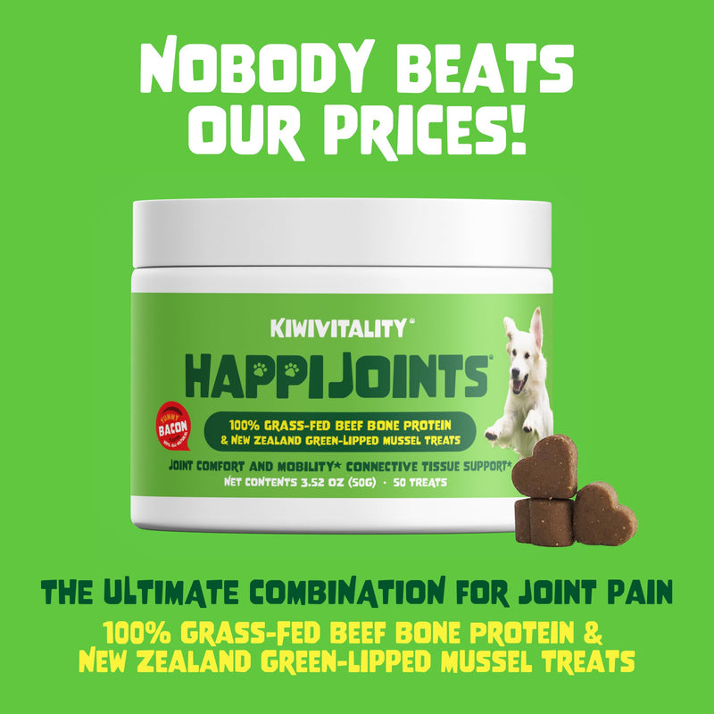 HappiJoints Hip and Joint Supplement Treats for Dogs, Cats • 100% Grass-Fed Beef Bone Collagen New Zealand Green-Lipped Mussels • 50 Treats - PawsPlanet Australia