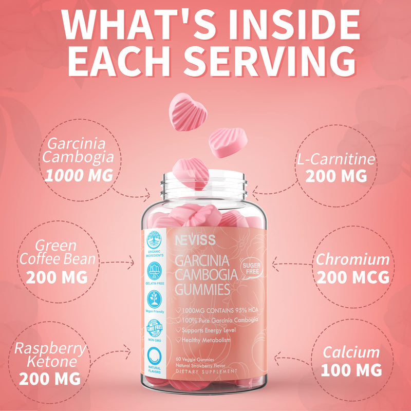 [Australia] - Sugar Free Garcinia Cambogia Gummies 1000mg 95% HCA with L-Carnitine, Raspberry Ketone, Chromium, Green Coffee Bean for Metabolism, Energy Boost, 100% Organic Extract, Vegan, Strawberry Flavor 60 Cts 60 Count (Pack of 1) 