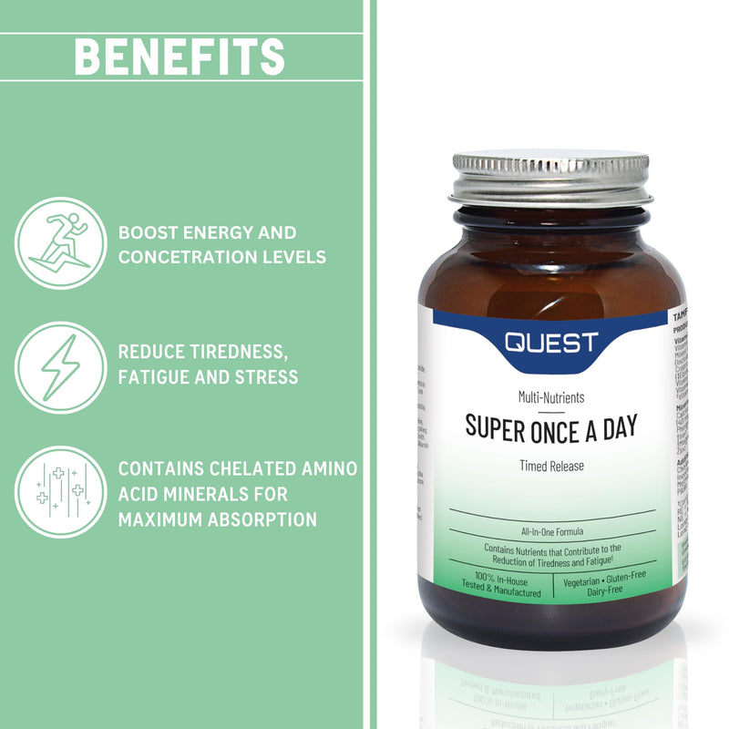 Quest Super Once A Day Multivitamin & Minerals 30x Tablets. 17 Vitamins & 12 Minerals with Vitamin A, B, C, D, Iron & Zinc for Men & Women. for Optimal Health, Reduces Fatigue & Immunity. (1 Pack) Unflavoured 30 count (Pack of 1)