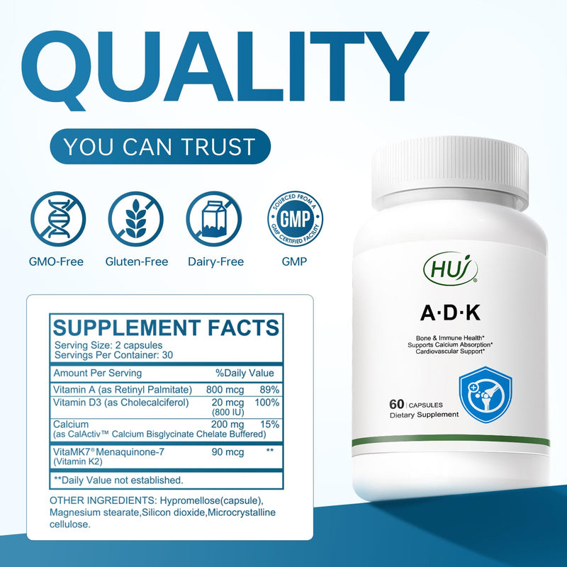 HUJ ADK Supplement, 60 Capsules, Calcium, Vitamins A, D3, K2 (MK-7)
