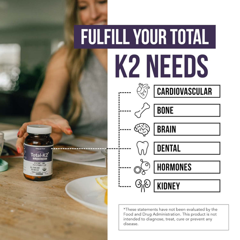 Total K2® | Vitamin K2 as MK7 & MK4 | Plus K1 & Vitamin D3 Cofactor - 620 mcg K2 per Serving - All-Trans MK7 from MenaQ7® - Full-Spectrum Vitamin K - Vegan, Organic Certified (60 Capsules) 60 Count (Pack of 1)