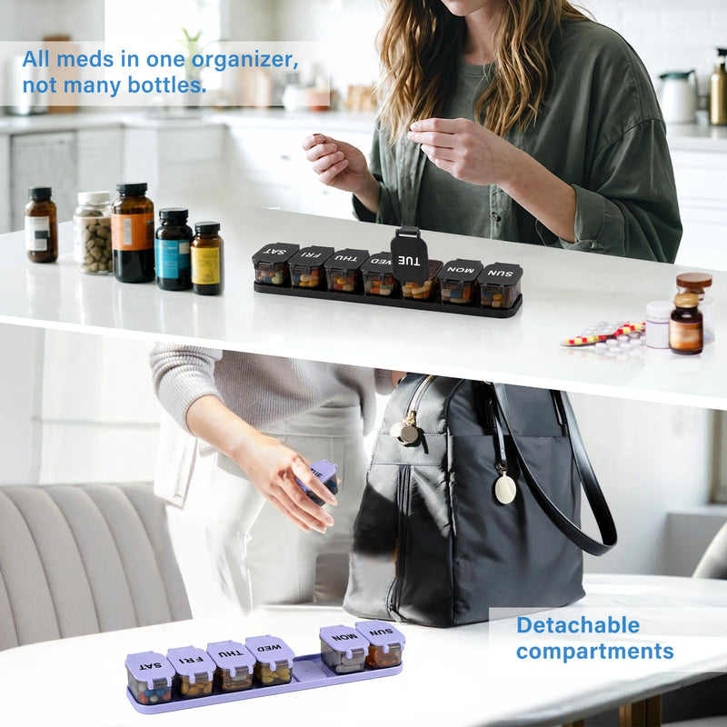 Yaklim Extra Large Weekly Pill Organizer, Detachable 1 Time a Day Pill Box | XXL 7 Detachable Compartments / Easy to Open & Fill / Waterproof Seals / For Big Vitamins & Supplements / Easy Readability Blackpurple+black