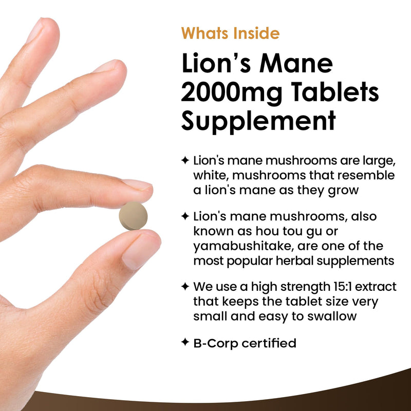 Lions Mane Mushroom 2000mg - 365 High Strength Vegan Tablets - Lion's Mane Supplement with Black Pepper - Lion's Mane Mushrooms Extract (Not Powder or Capsules) Made in The UK by New Leaf Products 365 count (Pack of 1)