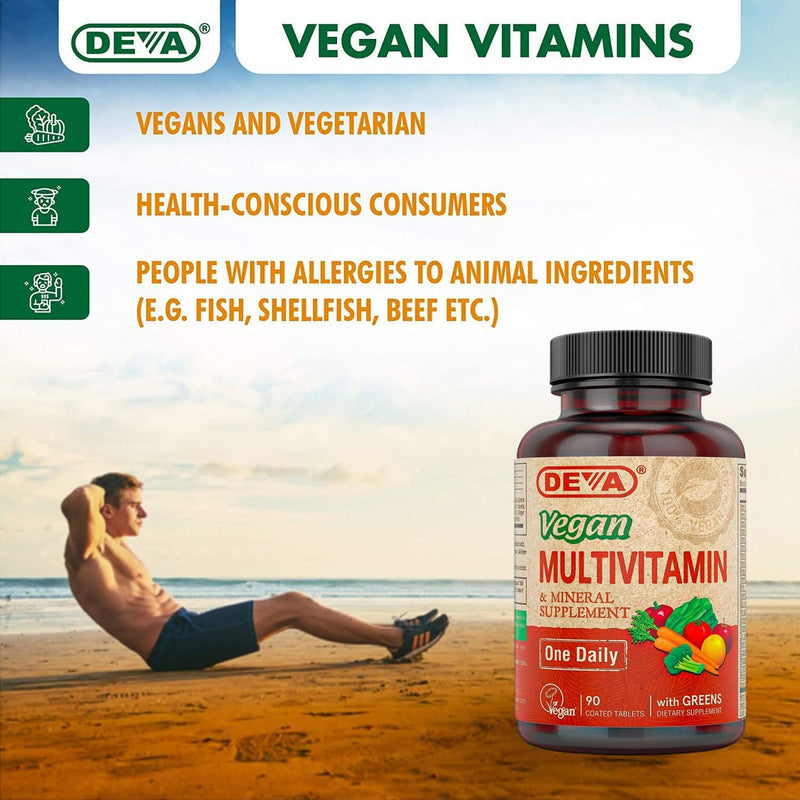 Deva Vegan Multivitamin and Mineral Supplement - Once-Per-Day Formula with Greens - Vitamins A, C, D, E, B Complex, High-Potency Formulation for Daily Health and Wellness- 90 Coated Tablets, 1-Pack 90 Count (Pack of 1)