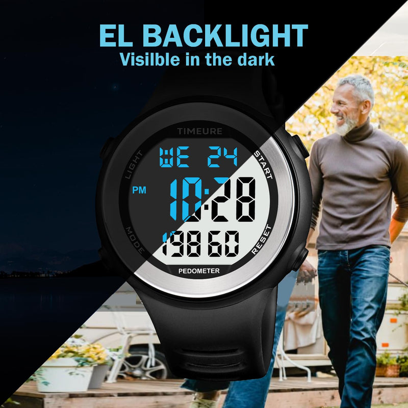 [Australia] - Mens Pedometer Watch for Walking Step Counter Watch No Charging, No App Connection, with EL Backlight. Simple, Practical Choice for Mobile-Free Fitness Enthusiasts TIMEURE-2308 black 