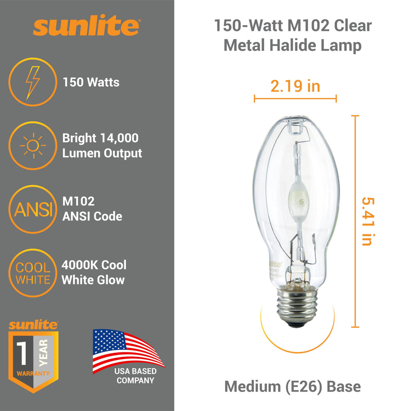 [Australia] - Sunlite 03650-SU MH150/U/MED M102 Metal Halide Lamp, 150 Watts, Pulse Start, Medium Base (E26), ED17, 15,000 Hours Life, 14000 Lumen, Clear Finish, 4000K 