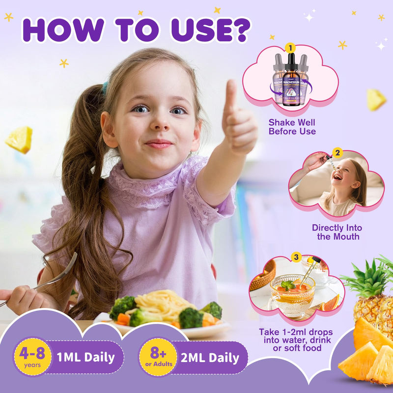 2 Pack Magnesium Glycinate Liquid for Kids - Magnesium Bisglycinate Drops with L-Theanine, Chamomile & Vitamin B6, B12, C, D3 for Sleep, Relaxation, Immune Support, Calm & Focus - 4 Fl Oz, Pineapple 2 Fl Oz (Pack of 2)