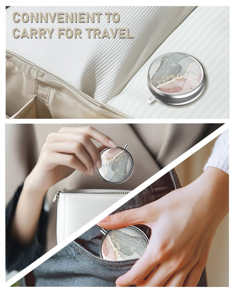 Pill Box, 3 Compartment Portable Travel Medicine Box with Mirror | Compact and Cute, Fits in Purse and Pocket, Medicine and Vitamin Organizer, Grey Pink Marble