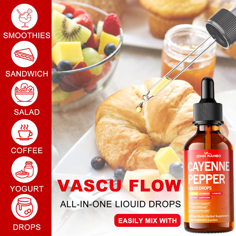 [Australia] - Cayenne Pepper Liquid Drops, Organic Cayenne Pepper Extract with Hawthorn Berry, Beetroot, Turmeric, Vitamin K2 & D3 Supplement for Immune Support, Circulation & Overall Wellness, Gluten Free, 2 Fl Oz 