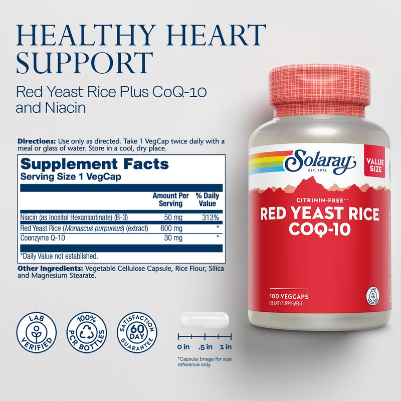[Australia] - SOLARAY Red Yeast Rice Plus CoQ-10 & No-Flush Niacin Vitamin B-3, Healthy Heart & Cardiovascular Support, Non-Irradiated & Citrinin Free, 60 Day Money Back Guarantee, 100 Servings, 100 VegCaps 100 Count (Pack of 1) 