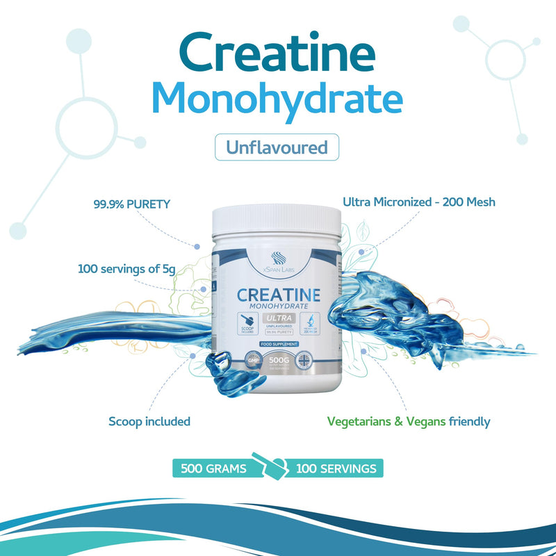 Creatine Monohydrate Powder 500g – Ultra Micronized 200 Mesh for Superior Absorption - Pure, Unflavoured Creatine Mono Powder - Vegan-Friendly & UK Made - 100 Servings of 5g