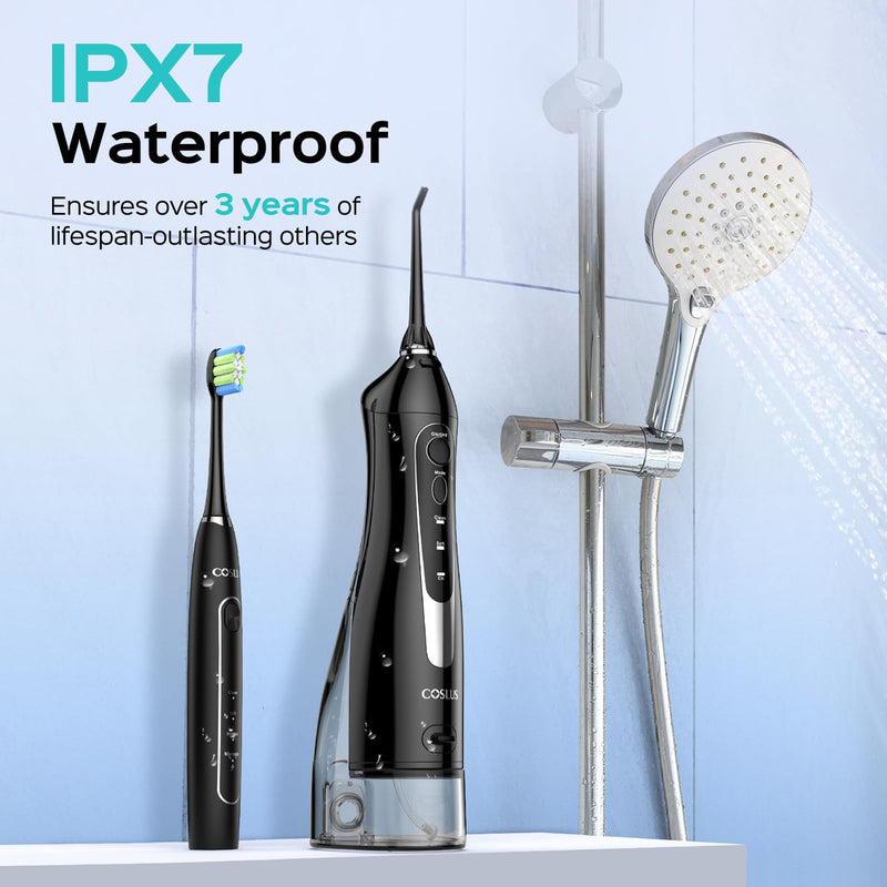 [Australia] - COSLUS Portable Water Flosser with Electric Toothbrush Combo: 2-in-1 Oral Clean Kit for Teeth, Braces, Gums Care - Brushing & Flossing for Adults, Family, Travel Use, BPA-Free, Black, C20 & C41 