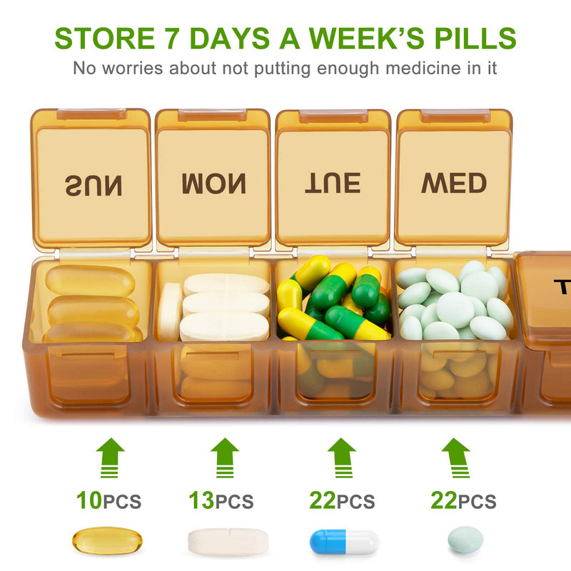 BUG HULL Weekly Pill Organizer Large 2 Packs, Extra Large Travel Pill Organizers, Pill Box 7 Day, Travel Pill Case, Medicine Pill Organizer for Vitamins, Supplements and Medications (Brown+White) Brown + White