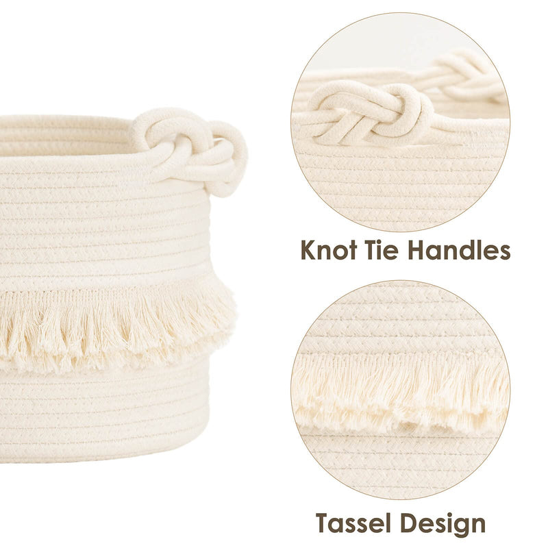 [Australia] - CherryNow Small Woven Storage Baskets Cotton Rope Decorative Hamper for Diaper, Blankets, Magazine and Keys, Cute Tassel Nursery Decor - Home Storage Container – 9.5'' x 7'' Off-white Small (Pack of 1) 