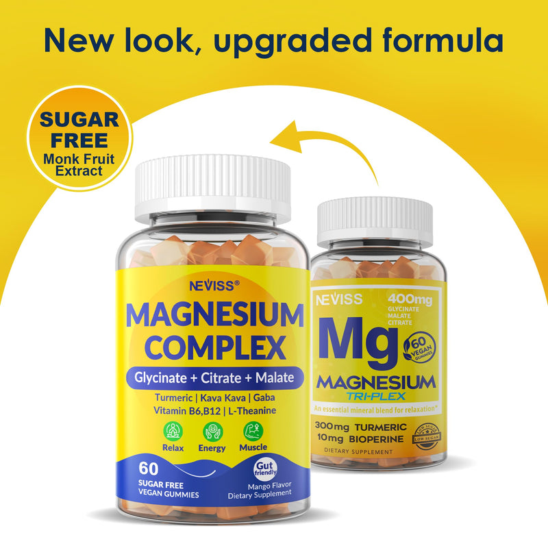 Magnesium Complex Gummies 400mg, Magneisum Glycinate Citrate Malate + Turmeric, GABA, B6 B12, Kava Kava, L-Theanine for Sleep, Calm, Relaxation, Energy, Magnesium Gummies for Women Men, Vegan, 60 Cts 60 Count (Pack of 1)