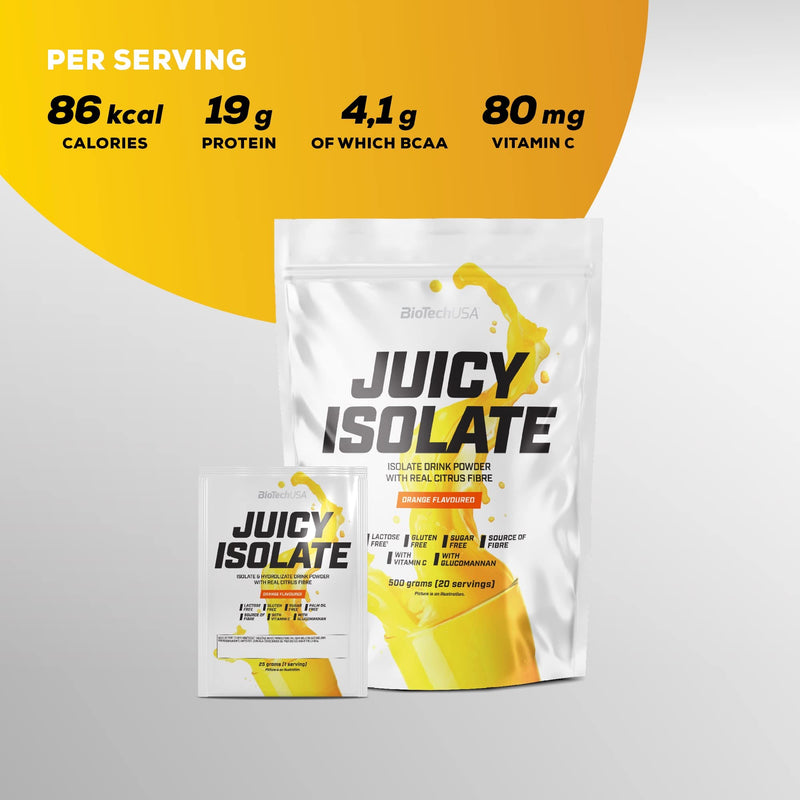 BioTechUSA Juicy Isolate | Gluten-Free, Lactose-Free, Sugar-Free | Refreshing Protein Soft Drink | with Fiber and Vitamin C, 500 g, Orange