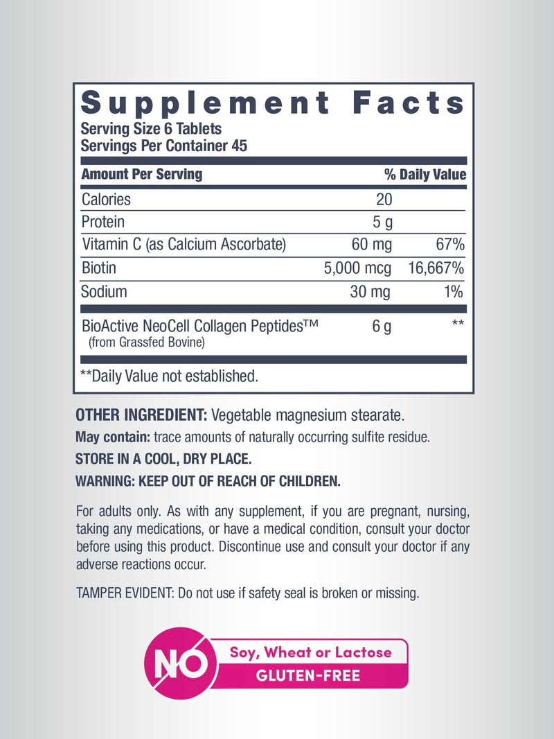 NeoCell Collagen Peptides Pills | 270 Caplets | with Vitamin C and Biotin | Grass Fed Bovine | Hair, Skin, & Nails | for Women and Men 270 Count (Pack of 1) Vitamin C+ Biotin