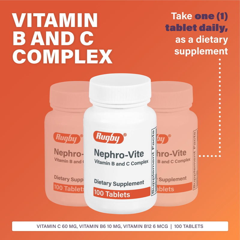 Rugby Nephro-Vite Vitamin B and C Complex Tablets, 100 Count (2-Pack) | Gluten Free Dietary Supplement for Adults with 60 Mg of Vitamin C, and 10 Mg of Vitamin B6 100 Count (Pack of 2)