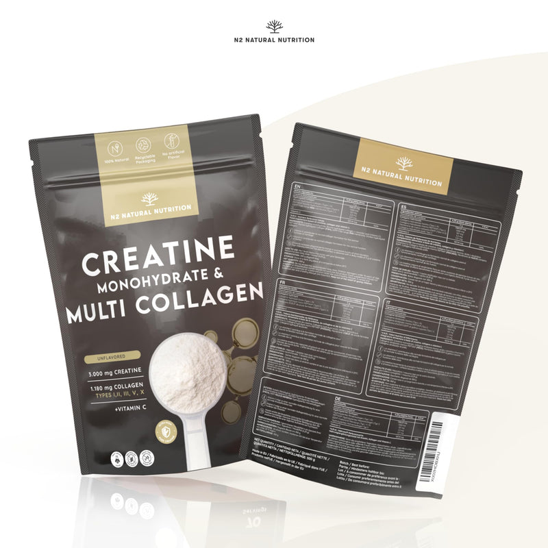 Creatine Monohydrate Powder+ Multi Collagen with Vitamin C (70 Doses) 3000mg Creatine Unflavored + Collagen I, II, III, V and X. Supplement for Strength, Power & Performance. N2 Natural Nutrition