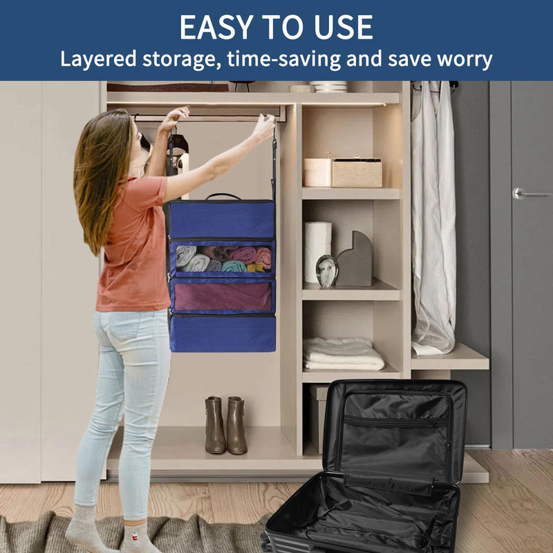 esouler Suitcase Organizer, Travel Luggage Organizer hanging packing cubes for travel，portable hanging travel shelves Collapsible closet organizer for Carry-on (Navy blue, Medium) Navy blue