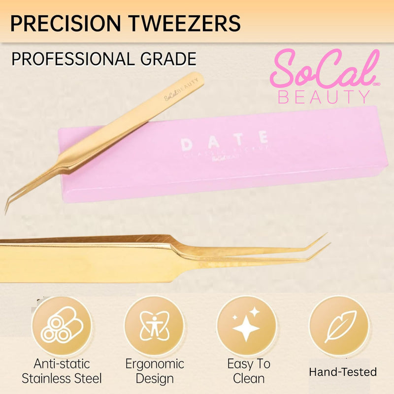 Date Classic Pickup Lash Tweezer by SoCal Beauty | Precision Gold Eyelash Tweezer for Eyelash Extensions, Hand-Tested with 1mm Guide – Ideal Lash Tweezer for Eyelash Extension 1