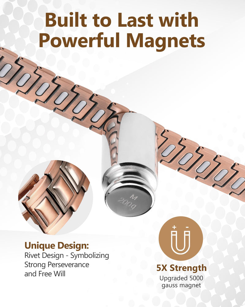 [Australia] - Feraco Copper Magnetic Therapy Bracelet for Men with 5X Strength Magnets,99.99% Pure Copper Therapy Bracelet with 5000 Gauss Magnets Copper-Rivets 