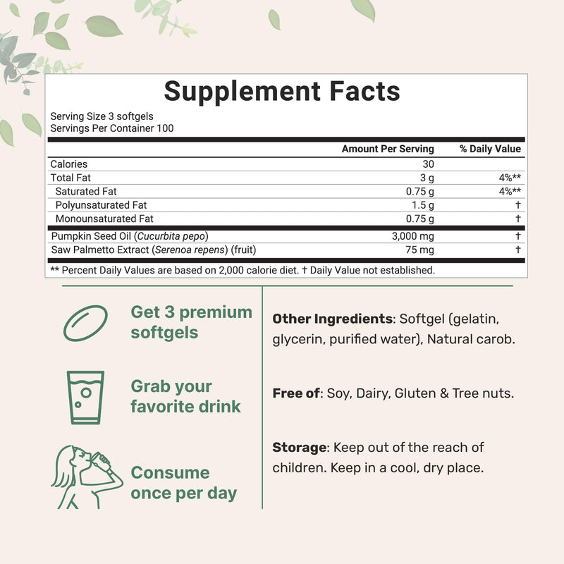 [Australia] - Pumpkin Seed Oil with Saw Palmetto, 3000mg Per Serving, 300 Softgels | Cold Pressed, Pure Virgin Oil, Essential Fatty Acids & Phytosterols | Supports Hair, Urinary, Bladder & Prostate Health | Non-GMO 300 Count (Pack of 1) 