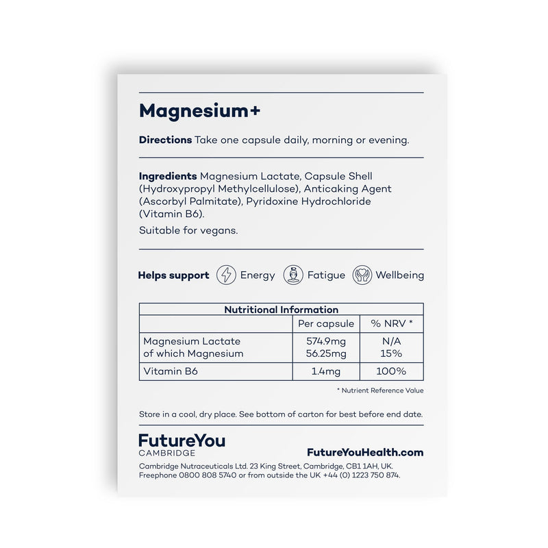 Magnesium+ 575mg Supplement – 28 High Strength Capsules – Magnesium Lactate & Vitamin B6 Health Supplements to Reduce Tiredness & Support Bone Health – Supplements by FutureYou Cambridge 1 count (Pack of 28)