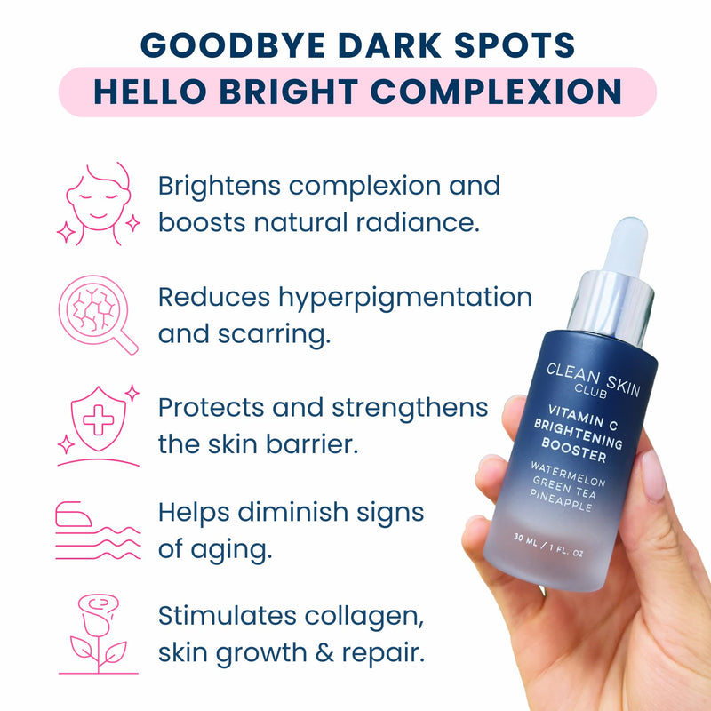 Clean Skin Club Vitamin C Serum & Brightening Booster, Vitamins A, E, D & K, Anti Aging Collagen Clear Facial Care, Glow, Scars, Sun Damage, Age