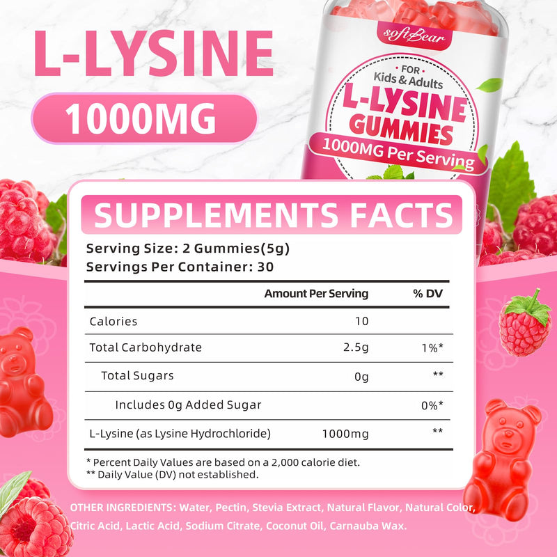 softbear L-Lysine Gummies for Adults & Kids, L Lysine 1000mg Chewable Lysine Supplement for Lips & Oral Health, Immune & Collagen Support, Vegan, Non GMO, Gluten-Free, Raspberry Flavor 120 Count 60 Count (Pack of 2)