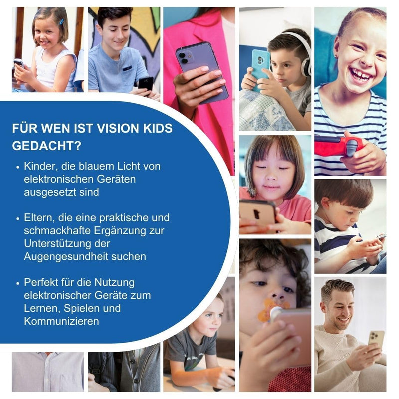 [Australia] - VISION Kids BLUE LIGHT - Protection against blue light from tablets, PCs and smartphones - Zinc, vitamins C and E - Lutein and zeaxanthin - For children - 90 chocolate flavored candies 