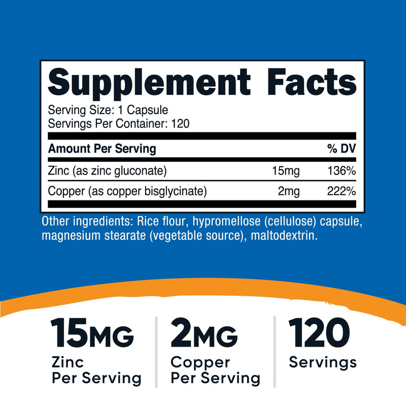 [Australia] - Nutricost Zinc + Copper Capsules (120 Servings)(15MG Zinc + 2MG Copper Per Serving) - Non GMO, Vegetarian 120 Count (Pack of 1) 