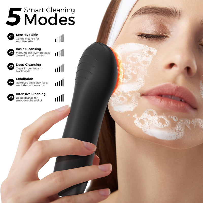 [Australia] - Facial Cleansing Brush Face Scrubber - Rechargeable Electric Face Cleansing Brush with 4 LED Gentle Light Liquid Silicone Modes Exfoliator,IPX7 Waterproof Ideal Gift for Men and Women-Black Black 