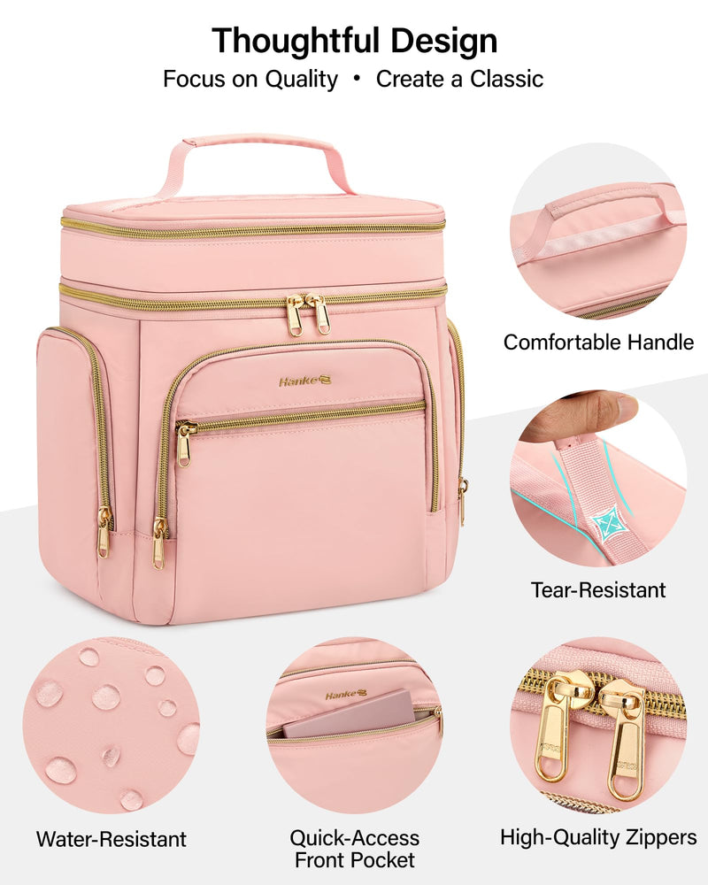 Hanke Large Toiletry Bag for Women Travel, Double Layer Organizer with Wide Opening for Full-Size Cosmetics & Toiletries, 12.2L Water-Resistant Makeup Bag,Pink Pink