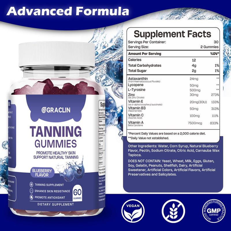 [Australia] - Tanning Gummies - Self Tan Supplement That Work Fast Without Sun - Daily Oral Chews with Beta Carotene Astaxanthin Lycopene & Vitamins for Skin Health Glow Up Sunless Tan - Vegan Sugar Free Blueberries 