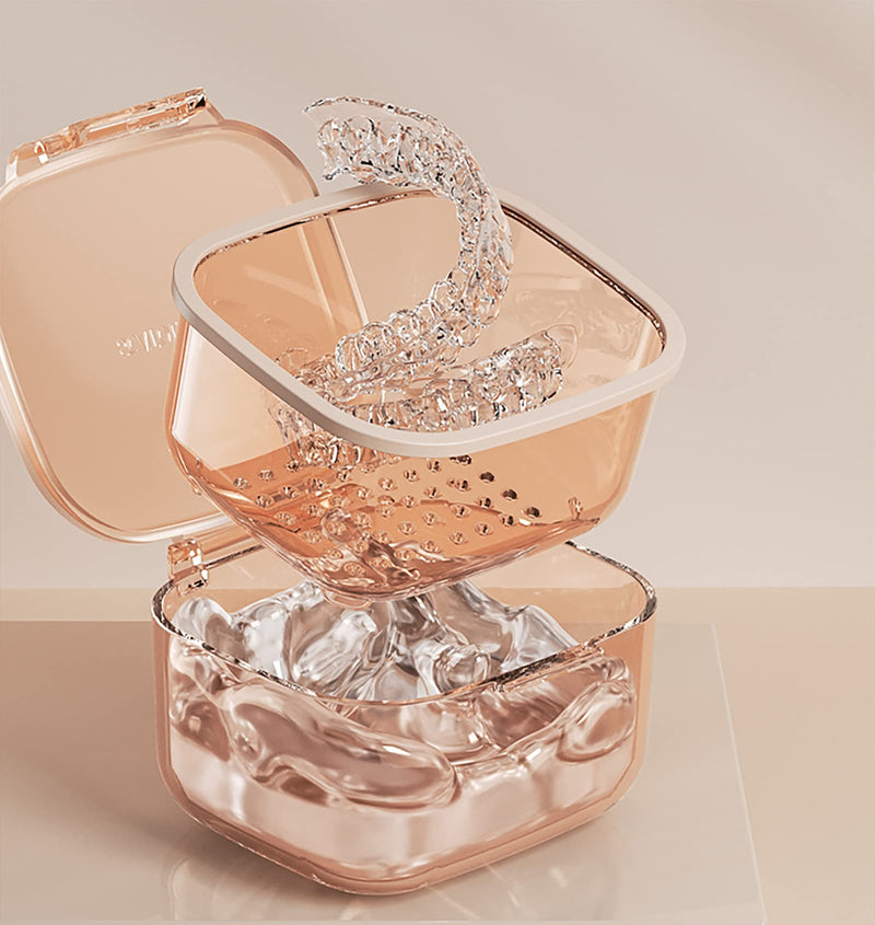 [Australia] - Retainer Case, Retainer Cleaner Case, Unique Denture Bath with Drain Tray, Suitable for Dentures, Denture Bridges, Partial Dentures, Traditional Braces, Etc. (Orange) 