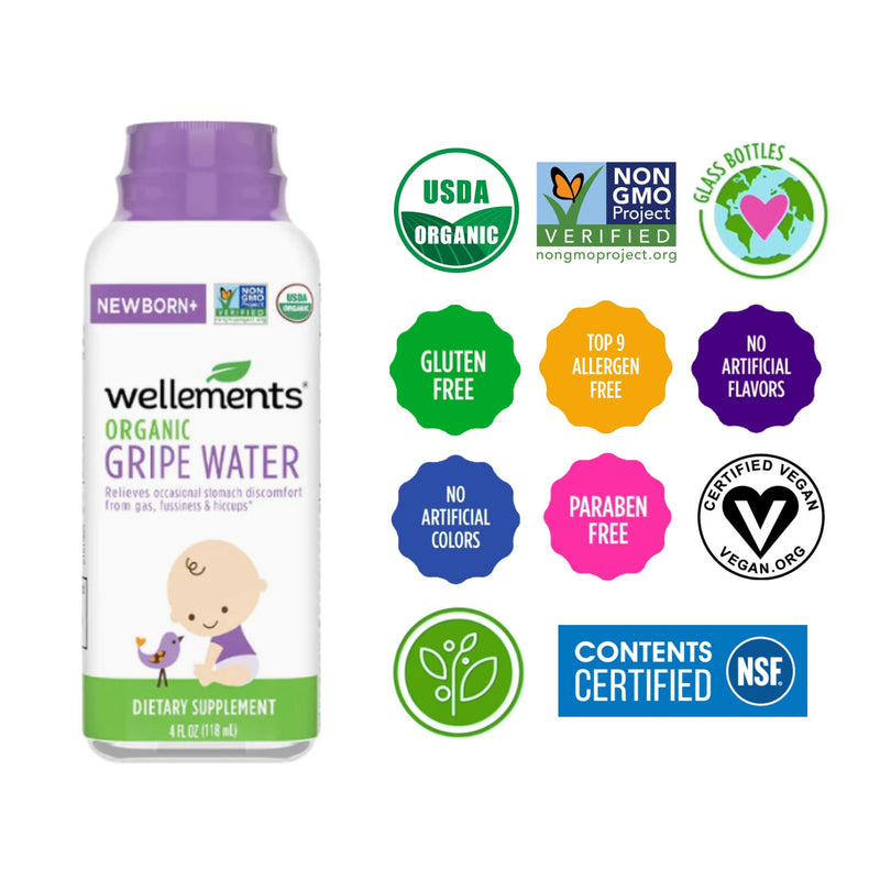 Wellements Organic Gripe Water | Relieves Occasional Stomach Discomfort from Baby Gas, Colic, Hiccups and Fussiness | Certified Organic and Non-GMO | No Artificial Flavors | 4 Fl Oz. | Ages Newborn+ Gripe Water-1 Pack