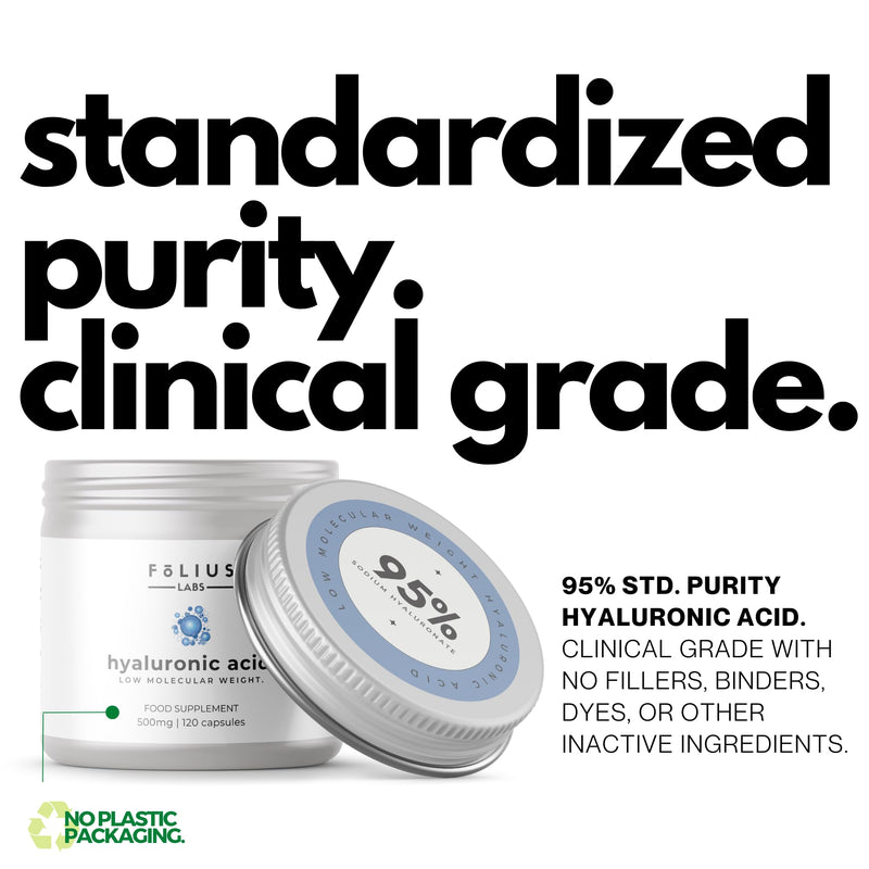 FOLIUS LABS Ultra High Purity Hyaluronic Acid Capsules 500mg - 95% Sodium Hyaluronate - Highly Purified and Bioavailable - Low Molecular Weight - Non-GMO Fermented - 120 Capsules 120 Caps
