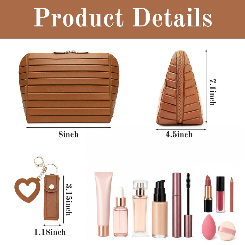 27-Pocket Travel Makeup Bag, Foldable Cosmetic Organizer, Brown | 27 pockets, 3 brush slots, adjustable dividers, waterproof PVC, foldable standing, parallel design, for travel home gym