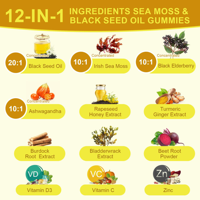 [Australia] - Black Seed Oil & Sea Moss Gummies, Organic Irish Sea Moss Gummies with Ashwagandha, Black Seed Oil, Elderberry, Turmeric, Vitamin D3/C and Zinc - Support Joints, Digestion, Hair & Skin 60 Count (Pack of 1) 