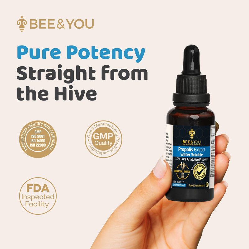 Bee and You Natural Propolis Extract%10, Water Soluble Drops, High Potency, Ultra Pure, Immune Support Supplement, Antioxidants, Natural Detox, Gluten-Free, 1 Fl Oz