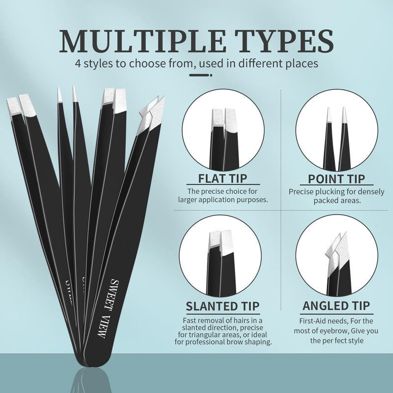 [Australia] - SWEET VIEW 7 Piece Tweezer Set Eyebrow Plucker for Women Men Face Brow Chin Ingrown Hair (Black) Black 