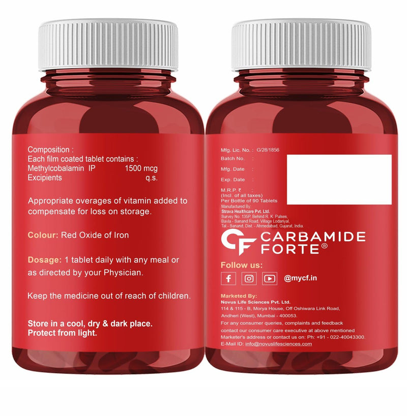 Carbamide Forte Vitamin B12 Tablets | Methylcobalamin 1500mcg - Active Form of Methylcobalamin B12 Vitamin Tablets For Men & Women - 90 Tablets