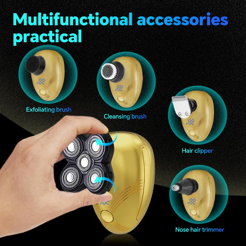 [Australia] - 5-in-1 Electric Cordless Razor for Men Head Shaver for Bald Men Grooming Kit with Nose Trimmer-Hair Clippers-Facial Brush, LED Display Rotary Shavers,USB Charging Rechargeable (Gold) Gold 