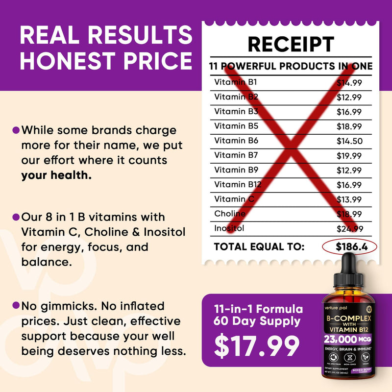 Vitamin B Complex 23000mcg - Methyl B12| B9 Folic|B7 Biotin,B1,B2,B3,B5,B6 | Vitamin B Complex Liquid Drops for Men & Women with Vitamin C, Choline & Inositol for Energy, Immune & Brain Support - 2Oz 2 Fl Oz (Pack of 1) V1-mixed Berry
