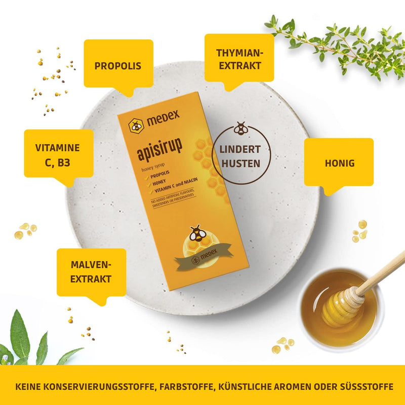 [Australia] - Medex Apisirup, juice with propolis, 91% honey based - 176 g honey, excellent taste, propolis, vitamin A, C, mallow, thyme 140 ml 
