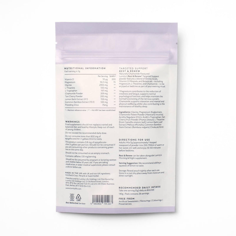Lumity Rest & Renew Magnesium for Sleep, Magnesium Glycinate, Bisglycinate & Glycine Supplements with L Theanine, Amino Acids & Chamomile for Relaxation & Sleep Quality, Sleep Aid (Pouch 28 Servings)